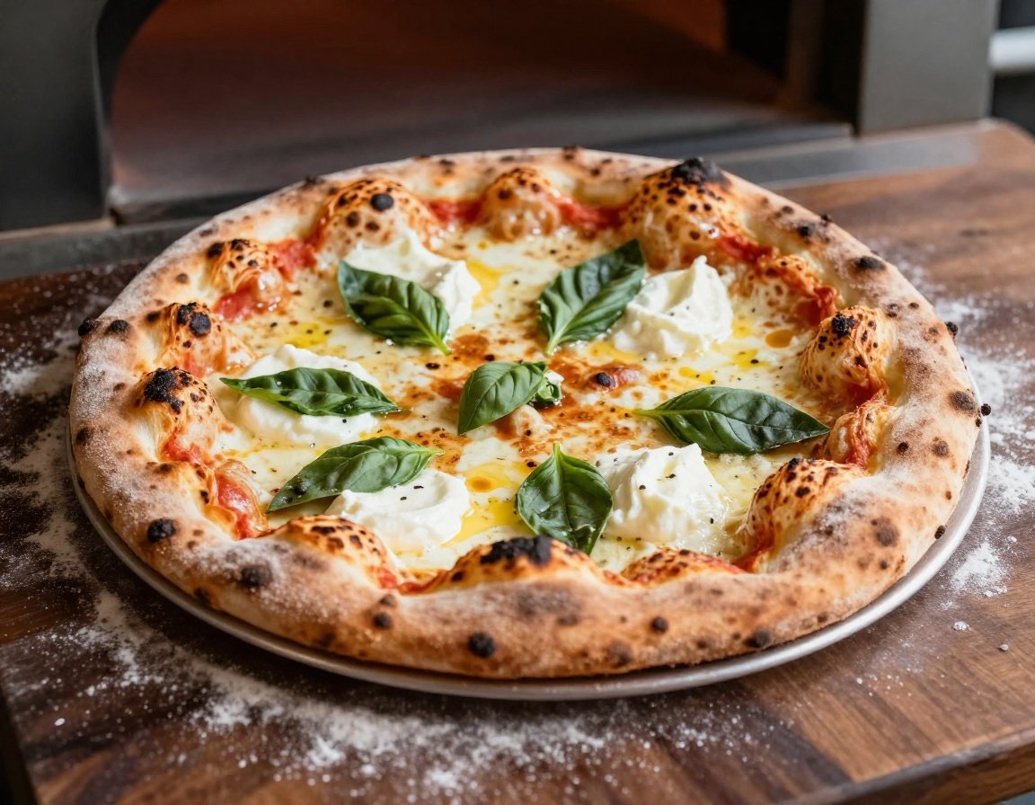 A blistered margherita pizza on a wooden peel